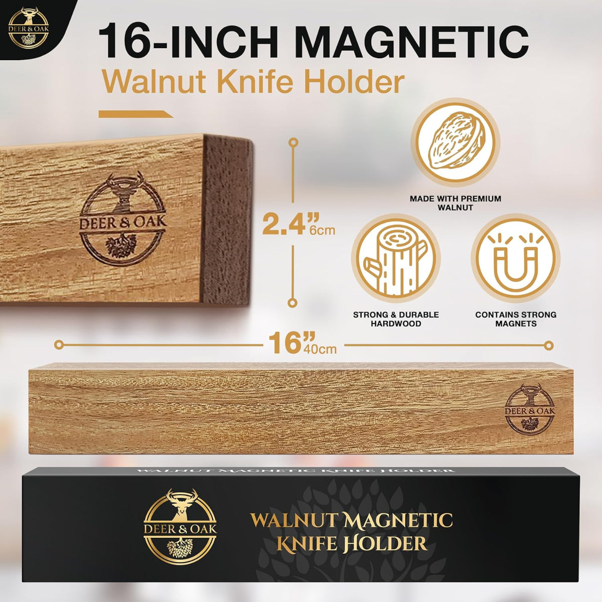 Deer and Oak magnetic knife holder for kitchen - wood knife holder - wood knife block - acacia wood knife stand