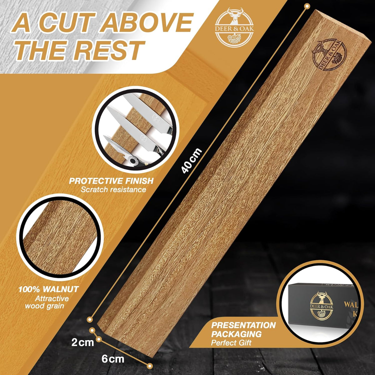 Deer and Oak magnetic knife holder for kitchen - wood knife holder - wood knife block - acacia wood knife stand