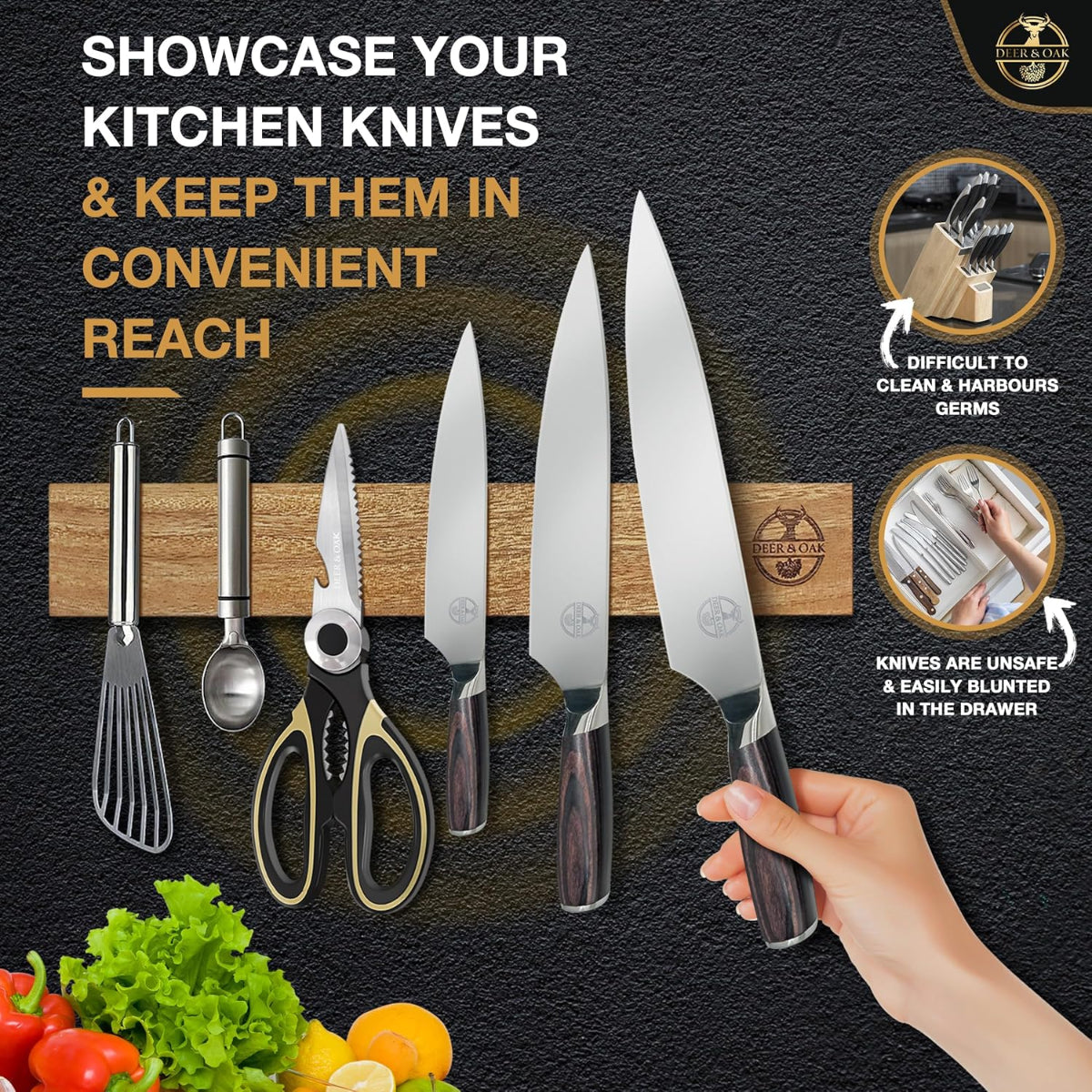 Deer and Oak magnetic knife holder for kitchen - wood knife holder - wood knife block - acacia wood knife stand