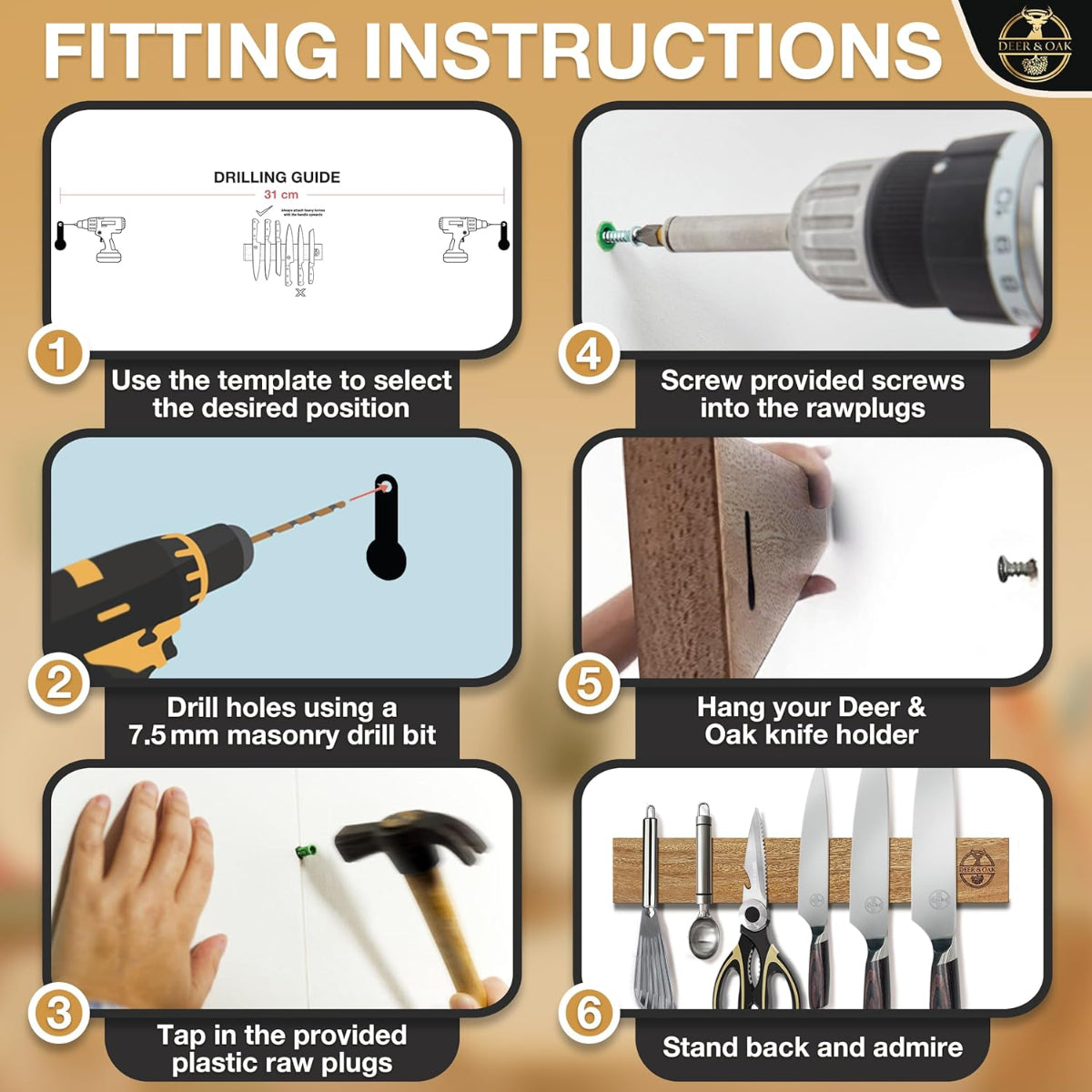 Deer and Oak magnetic knife holder for kitchen - wood knife holder - wood knife block - acacia wood knife stand