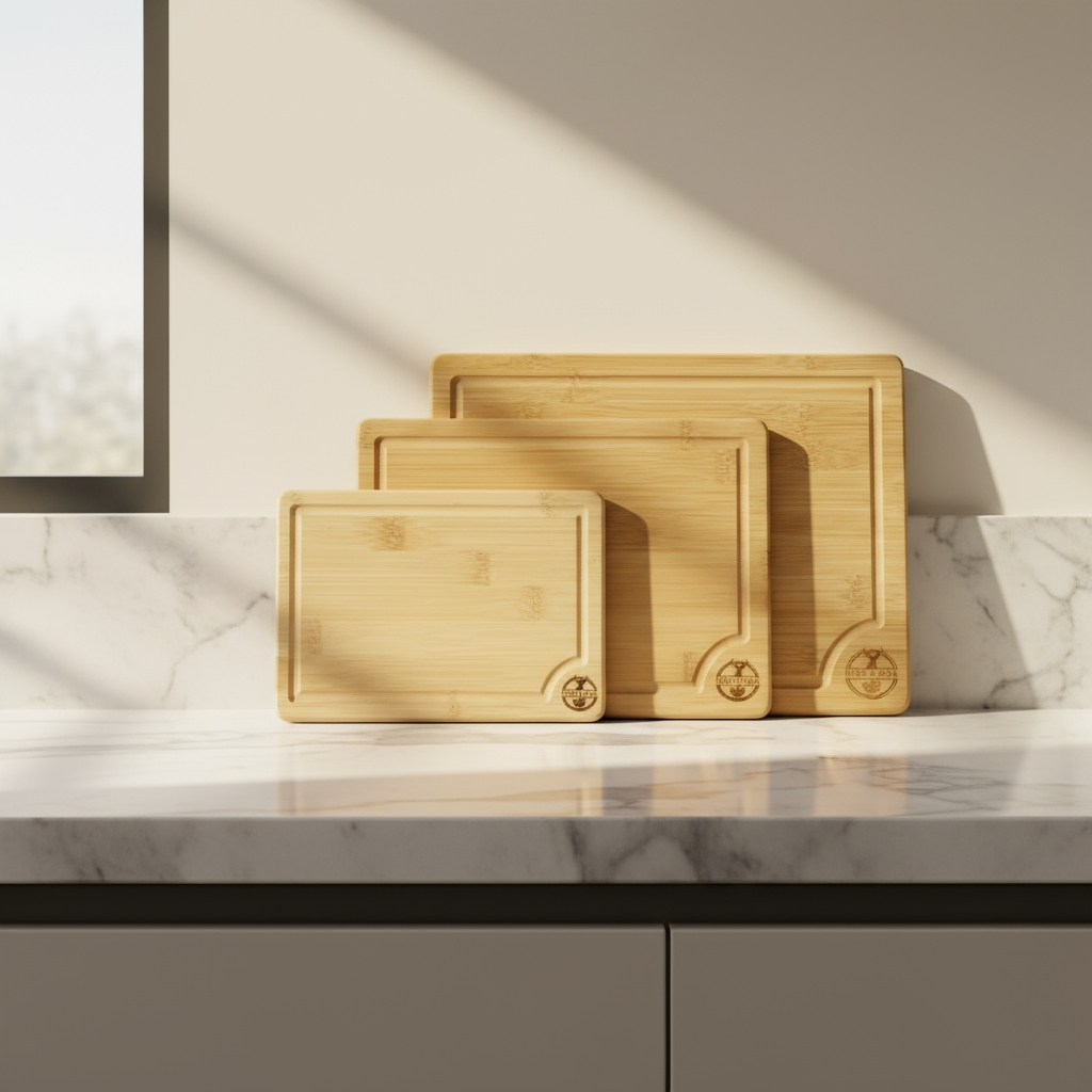 Three bamboo cutting boards of different sizes on a marble countertop.