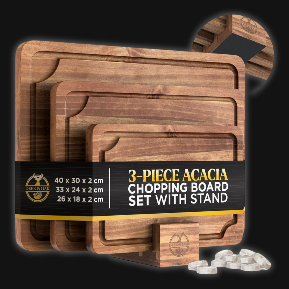 Deer and Oak acacia wood chopping board set of three - cutting board with stand - cheese board - charcuterie board - kitchen chopping board - durable wood chopping board